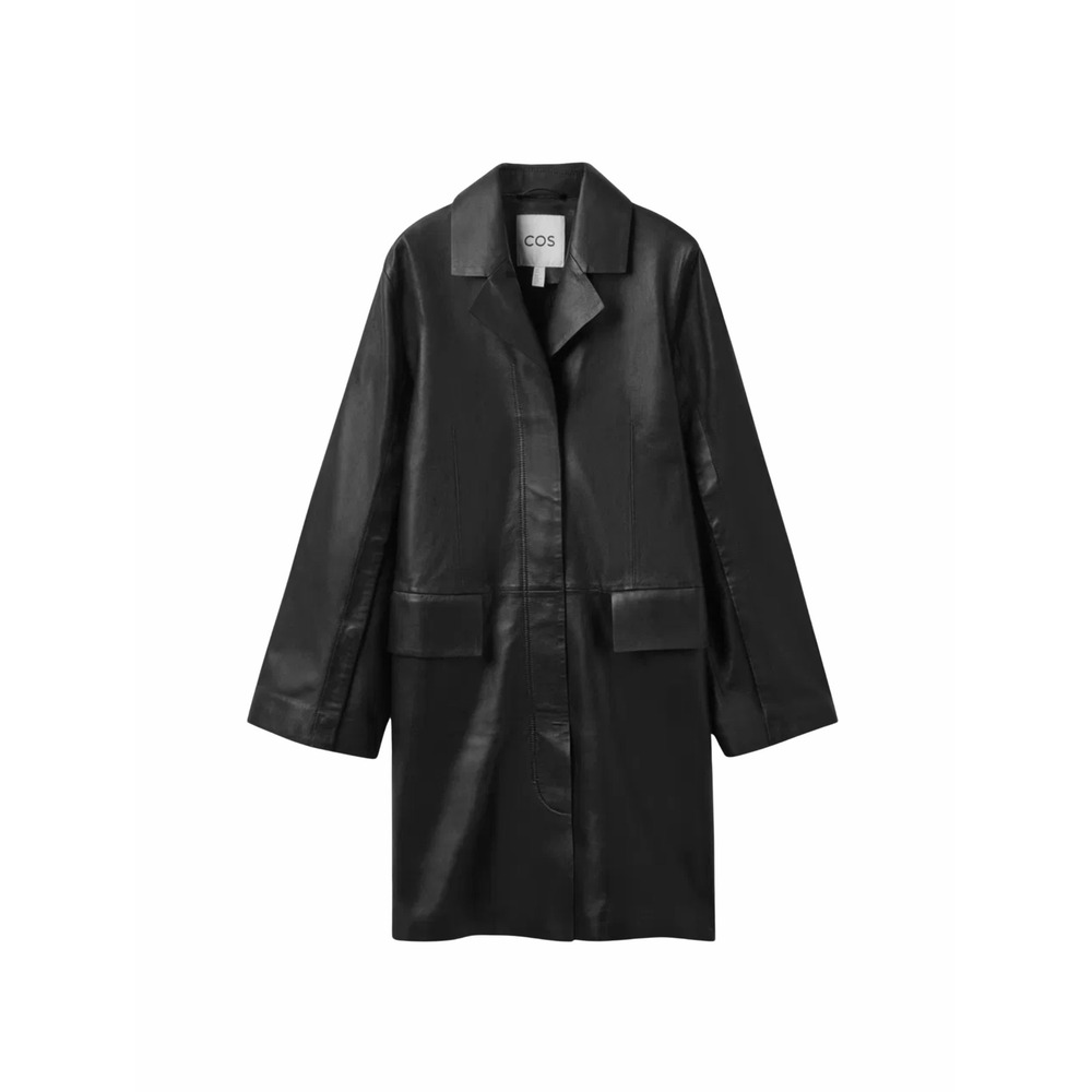 COS Black Leather Blazer Coat Longline Notched Lapel Button Front EUC $465 XS
